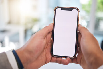 Aufkleber - Hands, blank phone screen and man in office with mockup space, web design or ux for mobile app logo. Business person pov, smartphone and ui for brand, promotion and networking in financial workplace