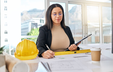 Poster - Office blueprint, writing architect and woman drawing floor plan of real estate development project, sketch or design. Illustration, paperwork and professional person working creative architecture