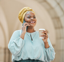 Aufkleber - Phone call, city and business black woman with coffee for contact, network and connection in town. Travel, corporate worker and female person on smartphone for talking, conversation and communication