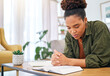 © Bettencourt/peopleimages.com - Young woman, bible and prayer in home, desk and mindfulness for faith, religion and reading with hope for future. African lady, praying hands and study holy book for peace, meditation or worship God
