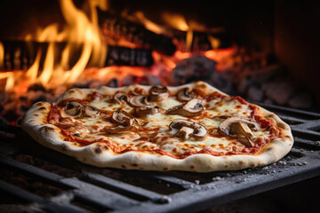 Wall Mural - Authentic Italian Feast: Traditional Pizza from Wood-Fired Oven, with simple and fresh ingredients mushrooms and cheese - AI Generative