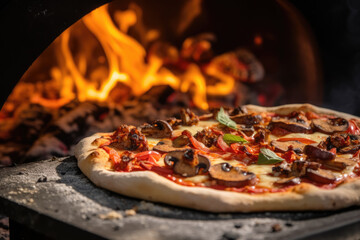 Wall Mural - Authentic Italian Feast: Traditional Pizza from Wood-Fired Oven, with fresh ingredients, red pepper, mushrooms and cheese - AI Generative