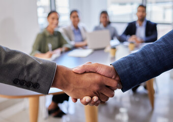 Canvas Print - Meeting, b2b and shaking hands with business people in office for deal, agreement or startup opportunity. Hand shake, partnership and welcome, businessman shaking hands for onboarding or networking.