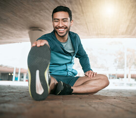 Poster - Man, stretching and foot for workout and fitness in the outdoor for wellness in the city. Male athlete, stretch and legs while sitting for training and exercise for sports competition in parking.