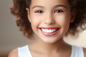 Sticker - A girl with perfectly white healthy teeth. Portrait with selective focus and copy space