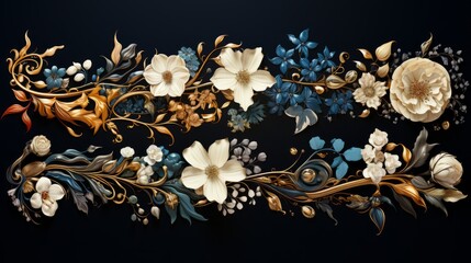 Wall Mural - A floral border on black background with white and blue flowers and gold stems. Generative AI. 