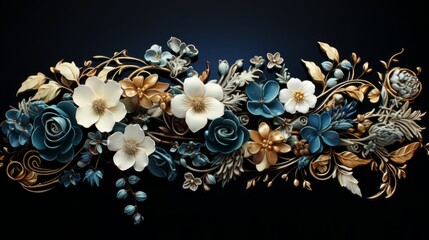 Wall Mural - A floral border on black background with white and blue flowers and gold stems. Generative AI. 