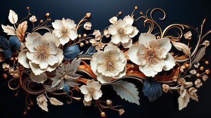 Wall Mural - A floral border on black background with white and blue flowers and gold stems. Generative AI. 