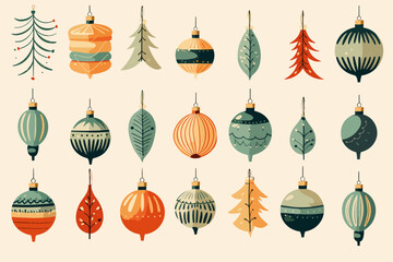 Hand-drawn cartoon Christmas ornaments flat art Illustrations in minimalist vector style