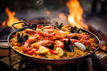 Making Delicious Seafood Paella on Open Fire