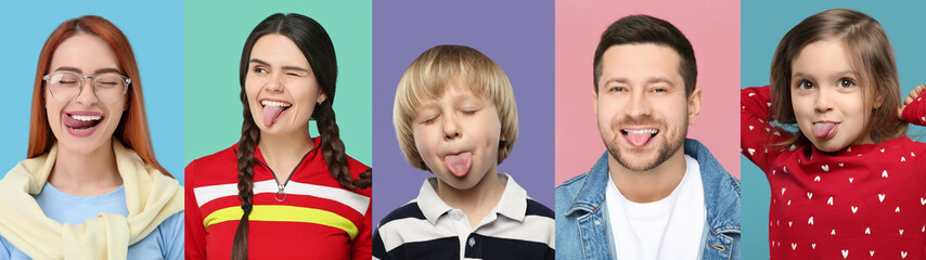 Poster - Collage with photos of adults and children showing their tongues on different color backgrounds