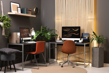 Canvas Print - Cozy workspace with computer on metal desk at home