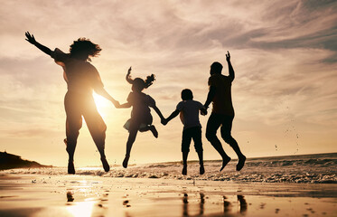 Wall Mural - Silhouette, family jump on beach and sunset with ocean waves, back view and bonding in nature. Energy, people holding hands in air outdoor and holiday, freedom and travel, trust and love in Mexico