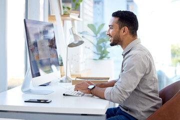 Poster - Technology, businessman with computer and typing on keyboard at a desk in office at his workplace smiling with a lens flare. Networking, connectivity and male person with pc at his workstation