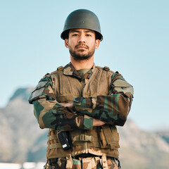 Wall Mural - Portrait, soldier and asian man with arms crossed in city for power, confidence and mindset outdoor. War, military and face of Japanese guy warrior proud, hero or ready for army, security or training