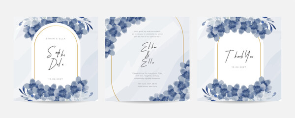 Floral wedding invitation template set with elegant blue water lily flowers. Floral watercolor background