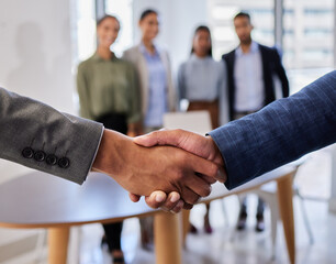 Wall Mural - B2b meeting, shaking hands and business people in office for deal, agreement or startup opportunity. Hand shake, partnership and welcome, businessman shaking hands with boss for onboarding support.