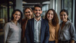 © Surachetsh - a show of unity, a row of Caucasian businesspeople poses for a group photo, showcasing their collective vision for the successful business corporation. generative AI.