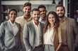 © Surachetsh - a show of unity, a row of Caucasian businesspeople poses for a group photo, showcasing their collective vision for the successful business corporation. generative AI.