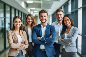 a show of unity, a row of Caucasian businesspeople poses for a group photo, showcasing their collective vision for the successful business corporation. generative AI.