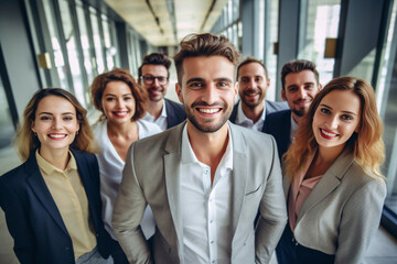 a show of unity, a row of Caucasian businesspeople poses for a group photo, showcasing their collective vision for the successful business corporation. generative AI.