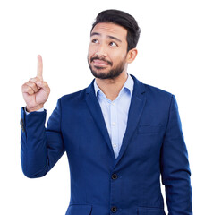 Aufkleber - Business, asian man and pointing up in studio while thinking of ideas, advertising promotion and information on white background. Corporate worker show presentation of announcement, offer and insight