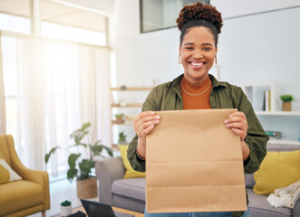 Wall Mural - Fast food, delivery and portrait of happy black woman with package order in her home, Smile, face and African lady customer with deliver bag from online shopping, ecommerce or satisfaction in house