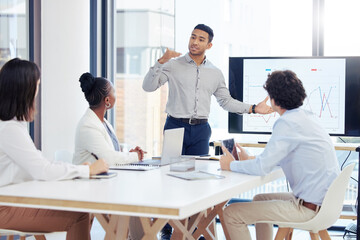 Poster - Businessman, meeting and coaching in presentation for project management, data or strategy at office. Man, coach or mentor training staff on corporate statistics, analytics or marketing at workplace