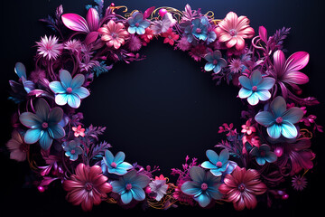 Wall Mural - Beautiful Floral Frame with Carving and Glow from Neon Light on Dark Background