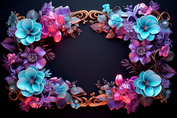Wall Mural - Rectangular Floral Frame with Beautiful Carving and Glow from Neon Light on Dark Background