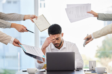 stress, headache and multitask with business man in office for deadline, burnout and overworked. men