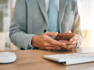 Aufkleber - Business man, hands and phone at desk with networking, text and online communication. Computer, mobile message and social media browse in a office and workplace with contact and typing at company