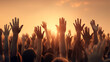 Worship God concept, International human rights day concept: 
Silhouette people hands rising over blurred abstract autumn sunset background, people hands rising over ,Generative AI 