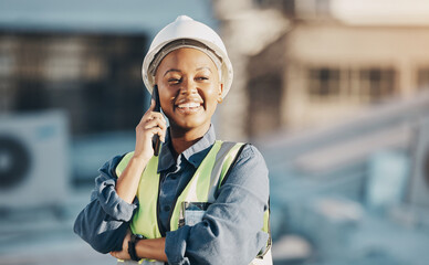 Aufkleber - Phone call, construction worker and black woman conversation, smile or talk about roof inspection, advice or chat. Cellphone communication, builder or female engineer happy about rooftop architecture