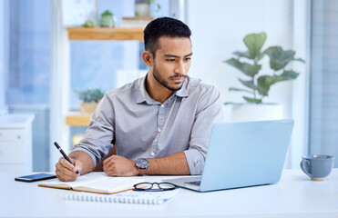 Aufkleber - Young business man, writing and notebook with laptop, ideas or schedule planning at web design job. Businessman, book and computer with notes, brainstorming or problem solving for report in workplace