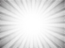 Halftone Gradient Sun Rays Pattern. Abstract Halftone Vector Dots Background. Monochrome Dots Pattern. Pop Art, Comic Small Dots. Star Rays Halftone Poster. Shine, Explosion. Sunrise Rays Background.