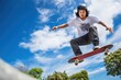 a asian skateboarder freestyling and making tricks in a skater park outside with cool teenager underground outfit. jumping on a ramp. Generative AI