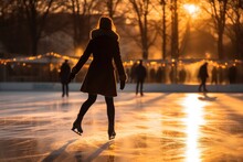 A Beautiful Woman Ice Skating On Ice Rink In Winter At Sunset Outside. Generative AI