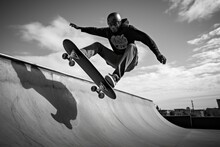 A Black African American Skateboarder Freestyling And Making Tricks In A Skater Park Outside With Cool Teenager Underground Outfit Hoodie. Jumping On A Ramp. Generative AI