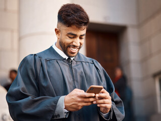 Aufkleber - Phone, judge and lawyer with man in city for social media, communication and networking. Justice, legal and advocate with male attorney at courtroom for research, technology and contact client