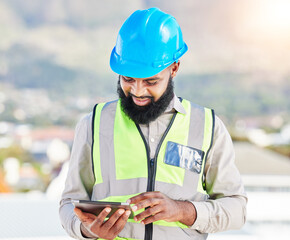 Canvas Print - Black man, architect and tablet in city for construction planning, maintenance or building on rooftop. African male person, engineer or contractor working on technology for architecture plan on site