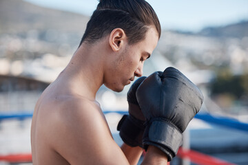 Poster - Sports, boxer praying or man fighting in a ring on rooftop in city for combat training or meditation to God. Eyes closed, athlete or fighter ready for boxing workout, fitness exercise or match battle