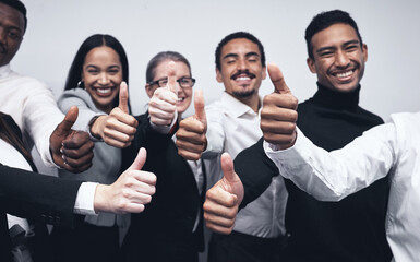 Aufkleber - Happy, business people and thumbs up for winning, success or team approval together at office. Group of employee workers with smile showing thumb emoji, yes sign or like for teamwork, win or goals