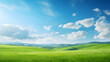 © Clipart Collectors - Panoramic natural landscape with green grass field, blue sky with clouds and mountains in background.