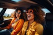 Smiling American African woman and friend driving car on the way to travel on summer. generative ai