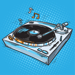 Drawn turntable and musical notes, colorful music design