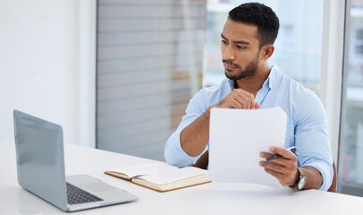 Leinwandbilder - Paperwork, laptop and business man analyst working on project in office workplace. Computer, documents and serious male professional analyze report for finance, planning strategy and reading email.