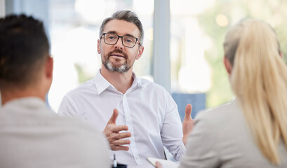 Leinwandbilder - Business meeting, advice and man, accountant or manager b2b planning, client talking or finance consulting. Helping, support or advice of financial advisor, accounting ceo or senior person interview