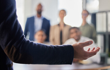 Aufkleber - Speaker, presentation and hand of person in business meeting for planning, conference and workshop. Strategy, leadership and mentor with closeup of employee for collaboration, coaching and training