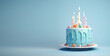 Yummy birthday cake with candles on light blue background. Party birthday concept.